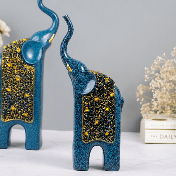 Blue Elephant Statues with Golden Accents - Unique Home Decor - The Golden Theory