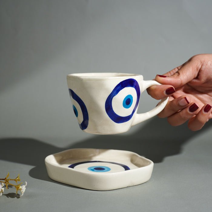 Blue Evil Eye Hand White Cup & Saucer Set - The Golden Theory
