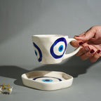 Blue Evil Eye Hand White Cup & Saucer Set - The Golden Theory