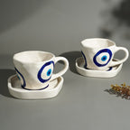 Blue Evil Eye Hand White Cup & Saucer Set - The Golden Theory