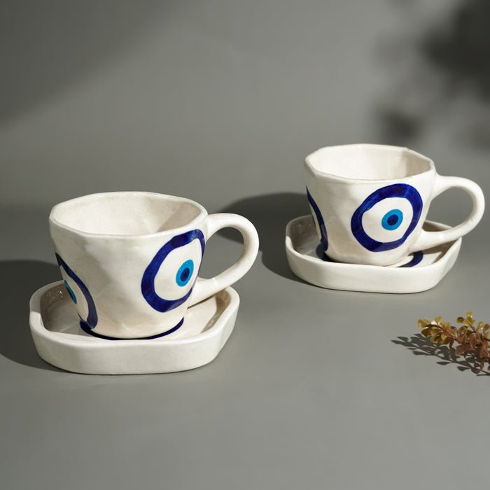 Blue Evil Eye Hand White Cup & Saucer Set - The Golden Theory