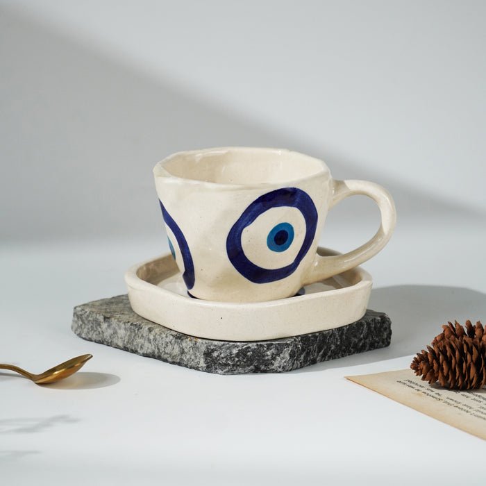 Blue Evil Eye Hand White Cup & Saucer Set - The Golden Theory