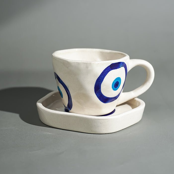 Blue Evil Eye Hand White Cup & Saucer Set - The Golden Theory