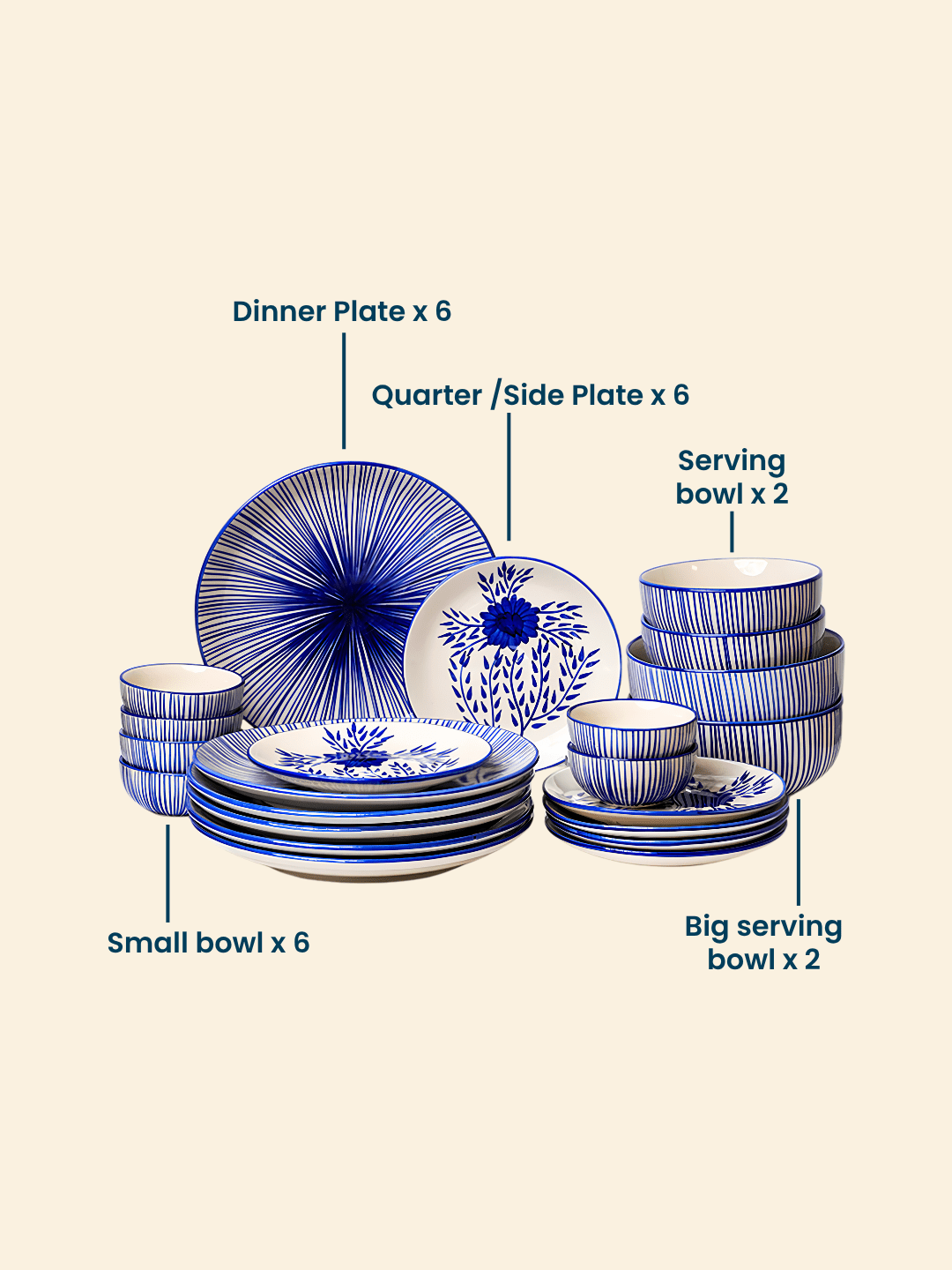Blue Floral Hand-Painted Ceramic Dinner Set of 22 - The Golden Theory