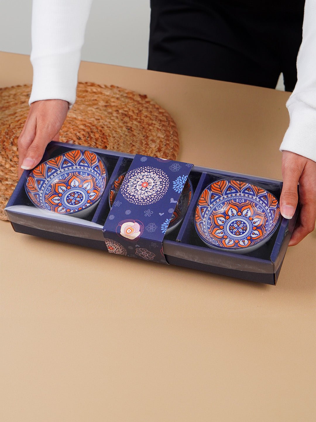 Blue & Orange Blaze Square Ceramic Bowls Set of 3 - The Golden Theory