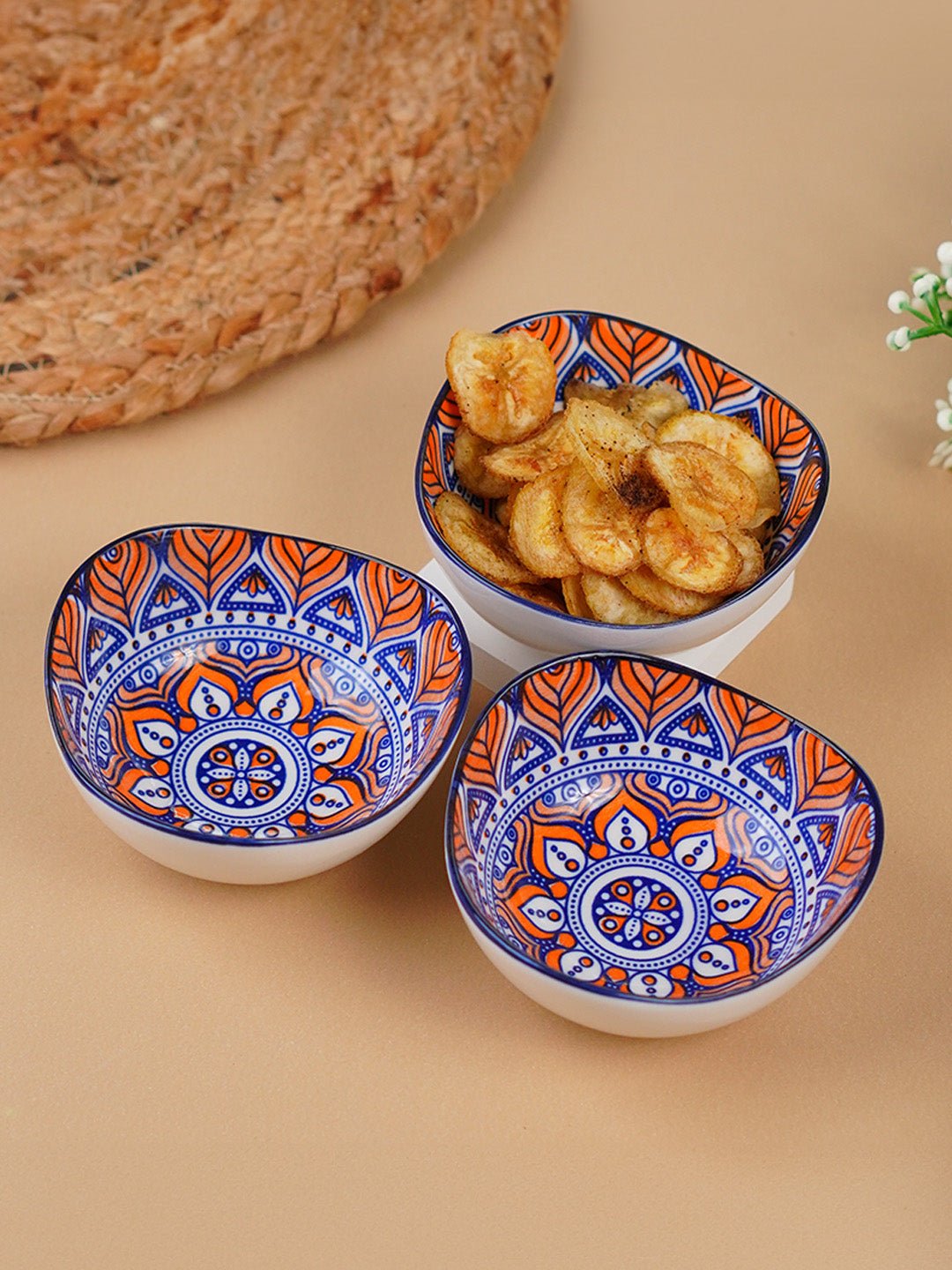 Blue & Orange Blaze Square Ceramic Bowls Set of 3 - The Golden Theory