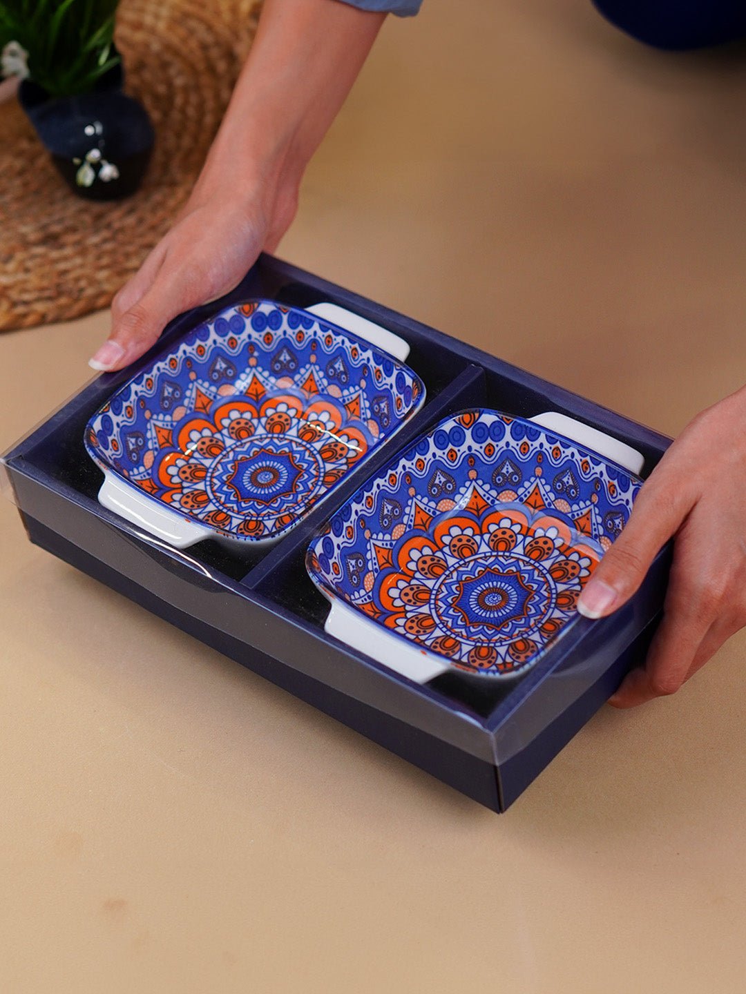 Blue & Orange Nova Square Ceramic Bowls Set of 2 - The Golden Theory