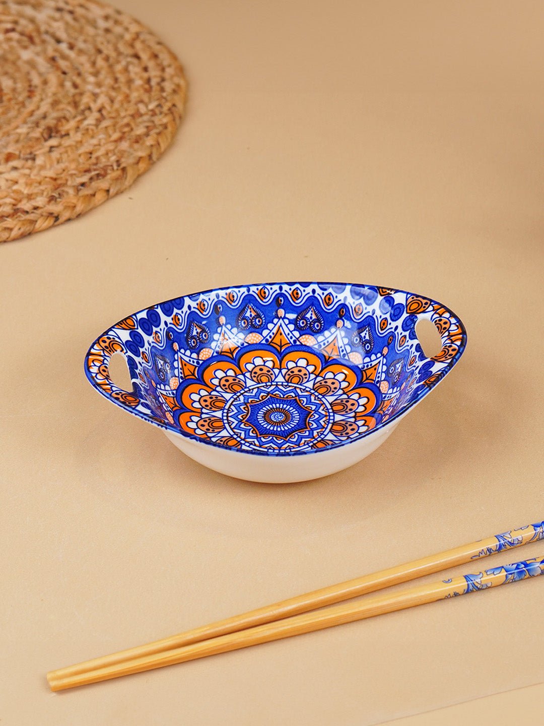 Blue & Orange Side Handles Ceramic Bowls Set of 3 Secondary image