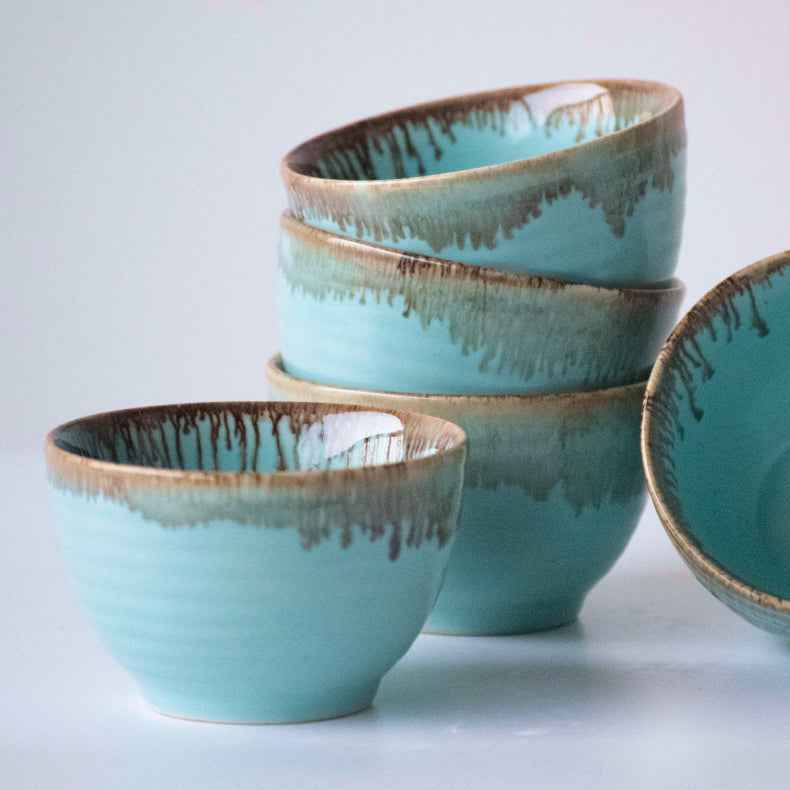 Blue Round-Shaped Small Bowl with Drops Border Design - The Golden Theory