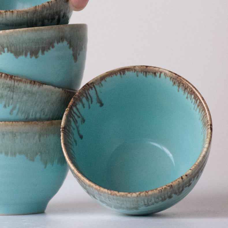 Blue Round-Shaped Small Bowl with Drops Border Design - The Golden Theory