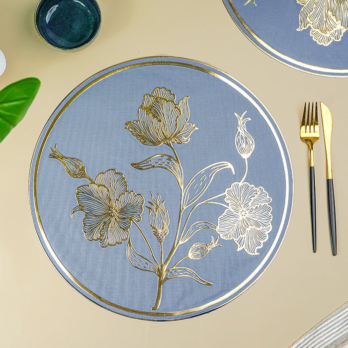 Blue Round Table Mat with Gold Floral Embossed Design - The Golden Theory