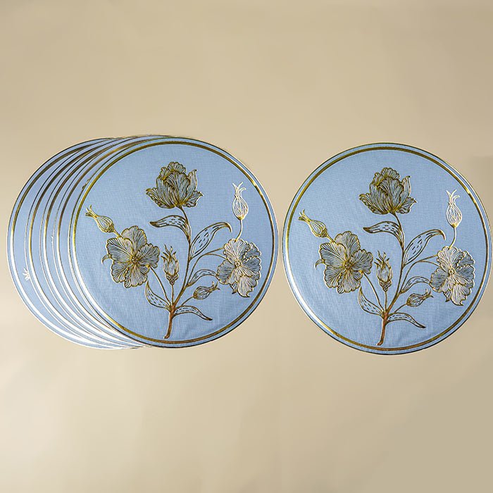 Blue Round Table Mat with Gold Floral Embossed Design - The Golden Theory