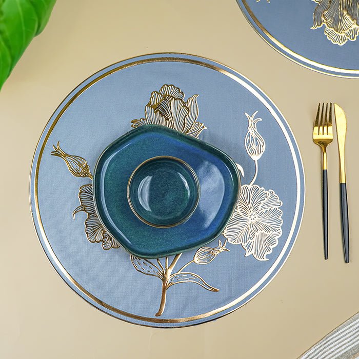 Blue Round Table Mat with Gold Floral Embossed Design Secondary image