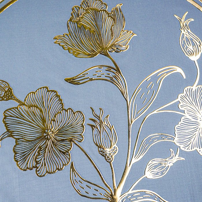 Blue Round Table Mat with Gold Floral Embossed Design - The Golden Theory
