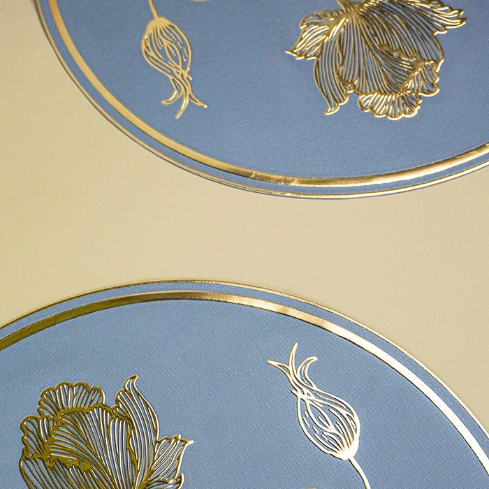 Blue Round Table Mat with Gold Floral Embossed Design - The Golden Theory