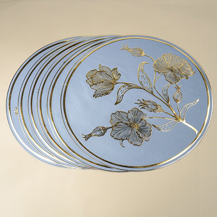 Blue Round Table Mat with Gold Floral Embossed Design - The Golden Theory
