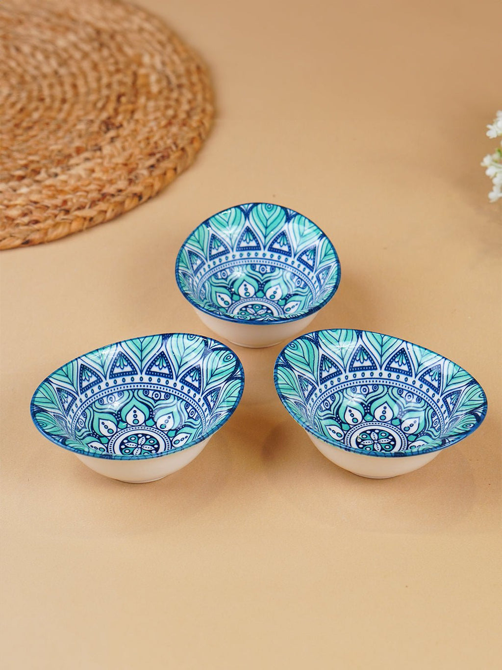 Blue & Teal Lotus Long Ceramic Bowls Set of 3 - The Golden Theory