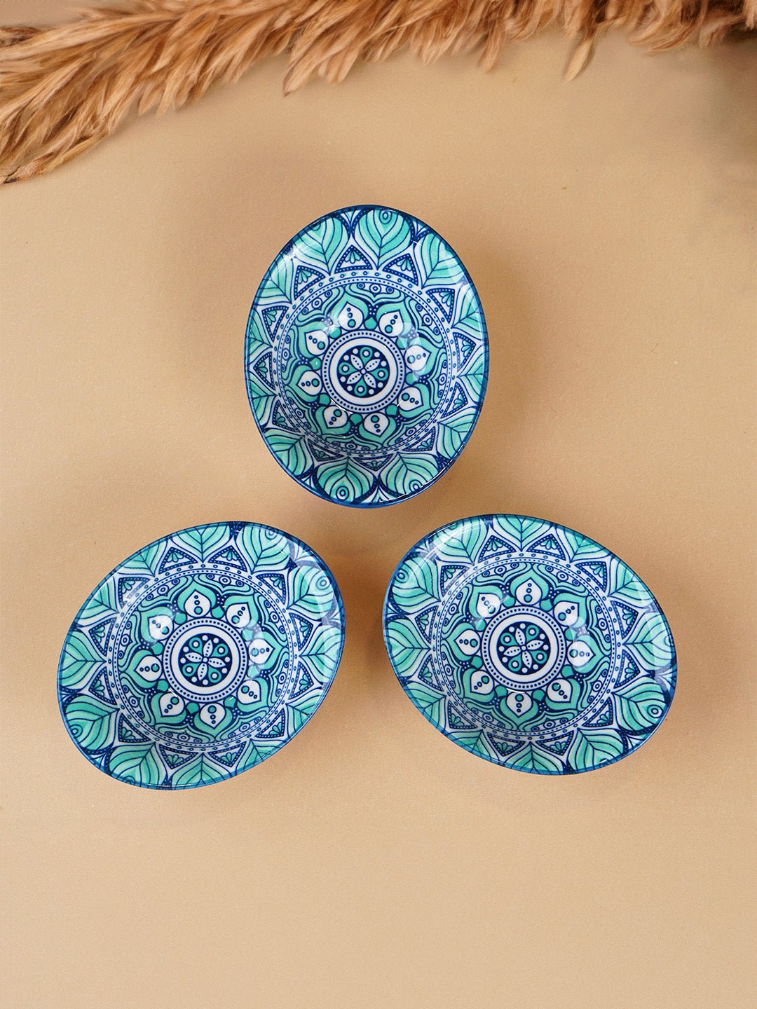 Blue & Teal Lotus Long Ceramic Bowls Set of 3 - The Golden Theory