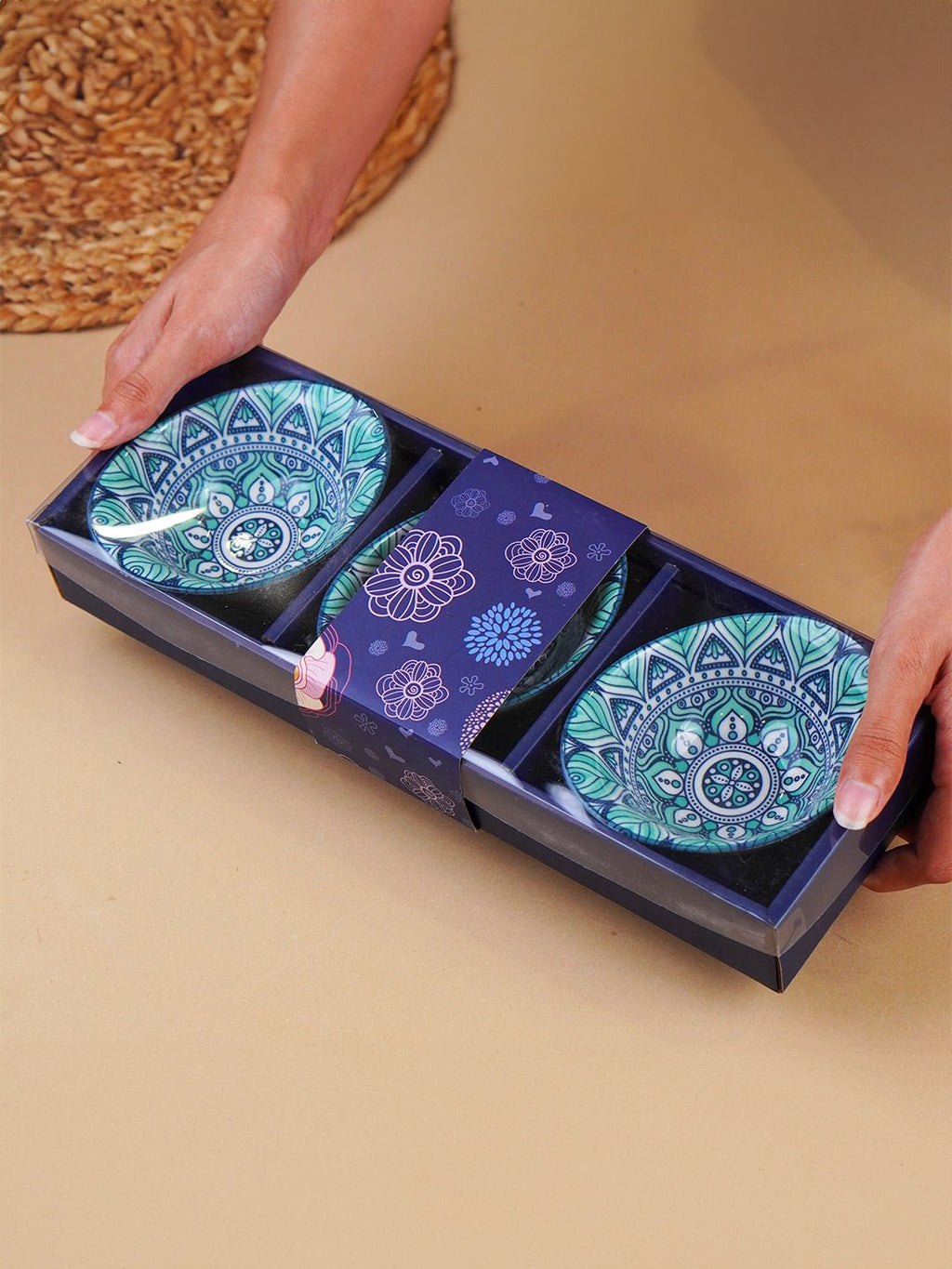 Blue & Teal Lotus Long Ceramic Bowls Set of 3 - The Golden Theory