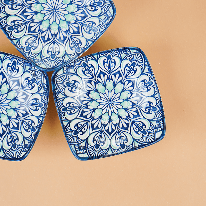 Blue & White Floral Square Ceramic Bowls Set of 3 - The Golden Theory