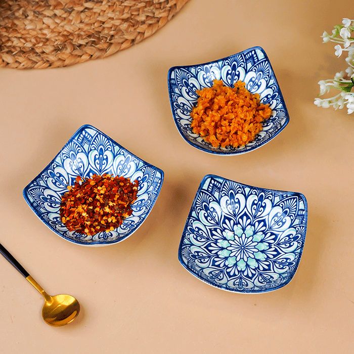 Blue & White Floral Square Ceramic Bowls Set of 3 - The Golden Theory