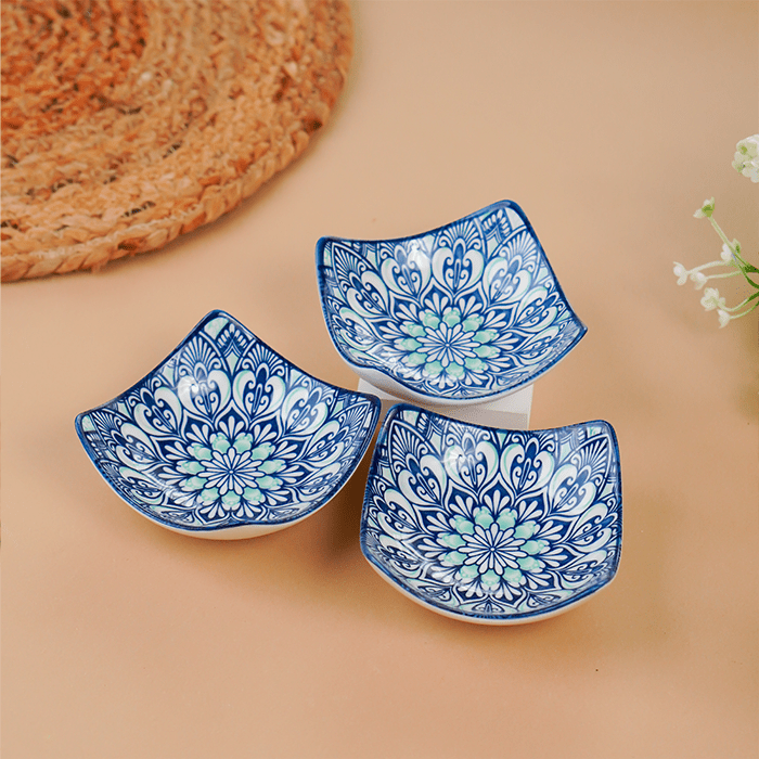 Blue & White Floral Square Ceramic Bowls Set of 3 - The Golden Theory