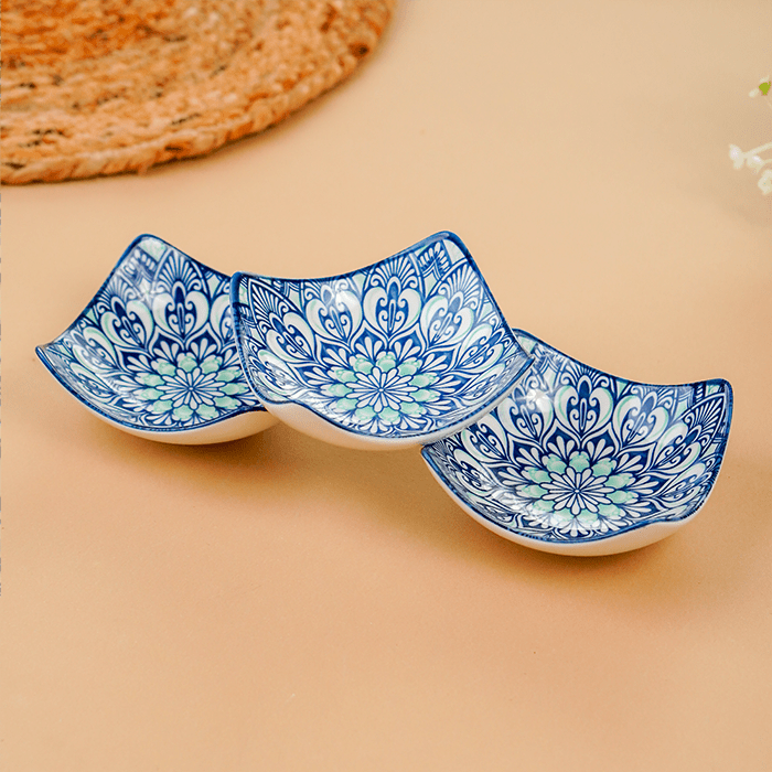 Blue & White Floral Square Ceramic Bowls Set of 3 - The Golden Theory