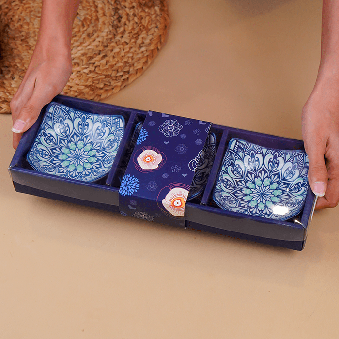 Blue & White Floral Square Ceramic Bowls Set of 3 - The Golden Theory