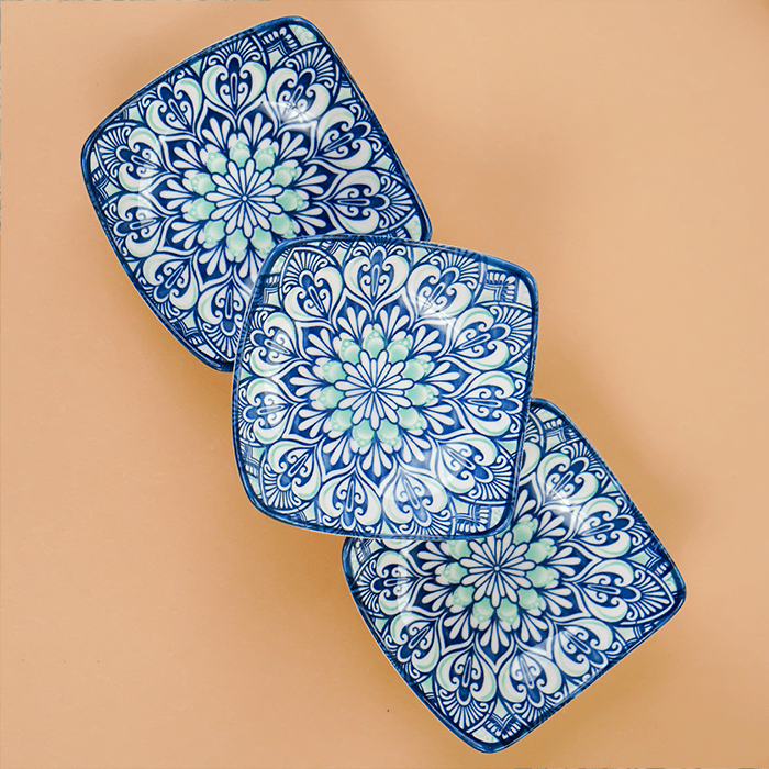 Blue & White Floral Square Ceramic Bowls Set of 3 - The Golden Theory