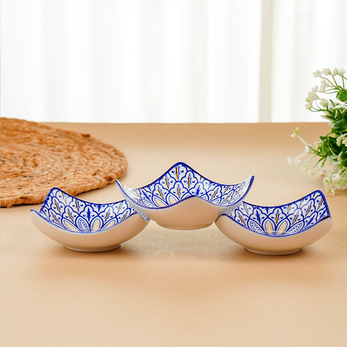 Blue & Yellow Petal-Design Square Ceramic Bowls Set of 3 - The Golden Theory