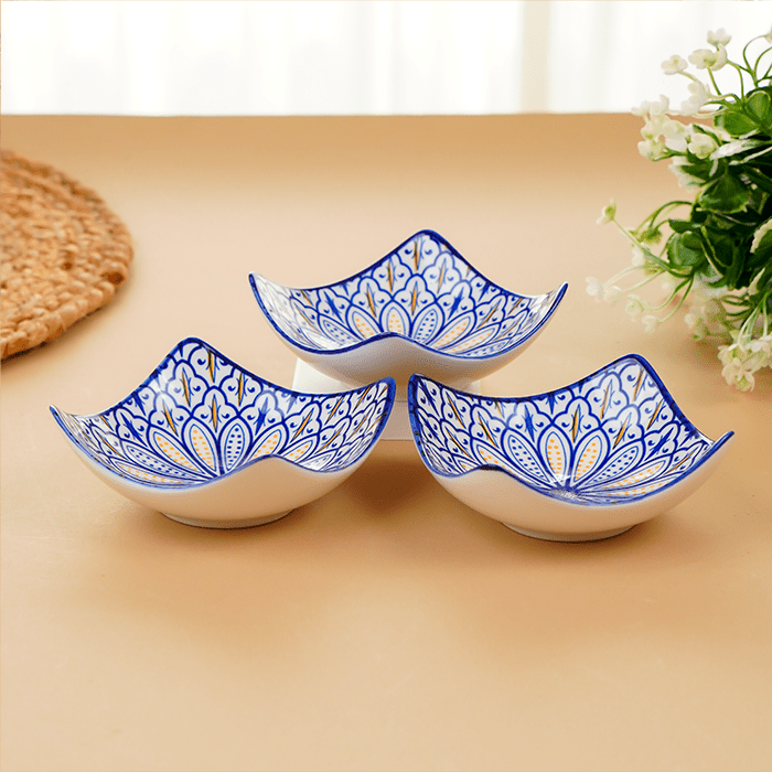 Blue & Yellow Petal-Design Square Ceramic Bowls Set of 3 - The Golden Theory
