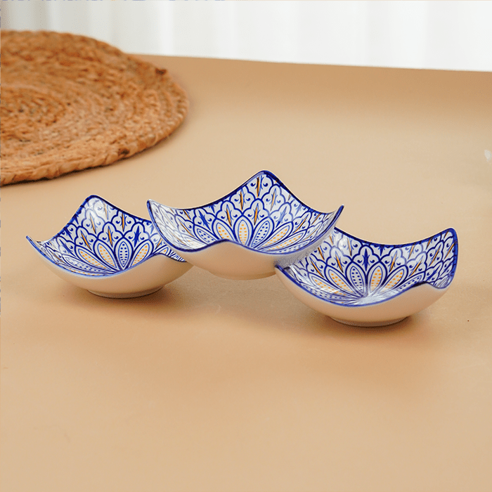 Blue & Yellow Petal-Design Square Ceramic Bowls Set of 3 - The Golden Theory