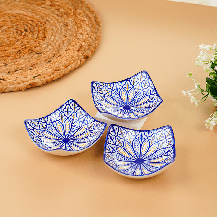 Blue & Yellow Petal-Design Square Ceramic Bowls Set of 3 - The Golden Theory