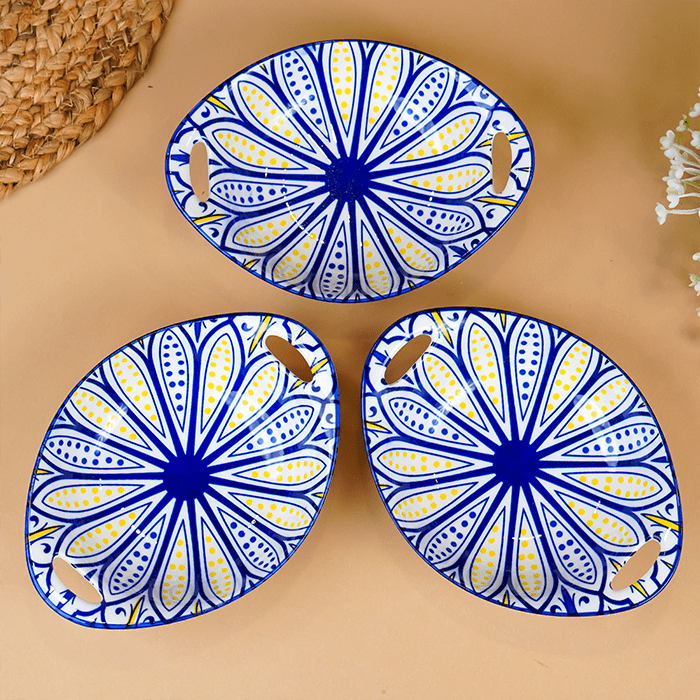 Blue & Yellow Side Handles Ceramic Bowls Set of 3 - The Golden Theory