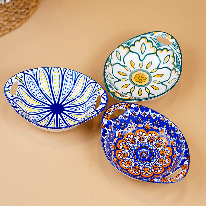 Blue & Yellow Side Handles Ceramic Bowls Set of 3 - The Golden Theory