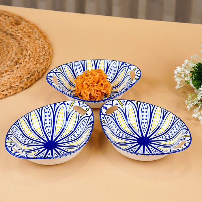 Blue & Yellow Side Handles Ceramic Bowls Set of 3 - The Golden Theory