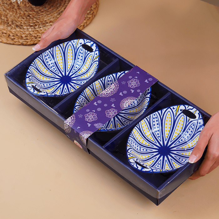 Blue & Yellow Side Handles Ceramic Bowls Set of 3 - The Golden Theory
