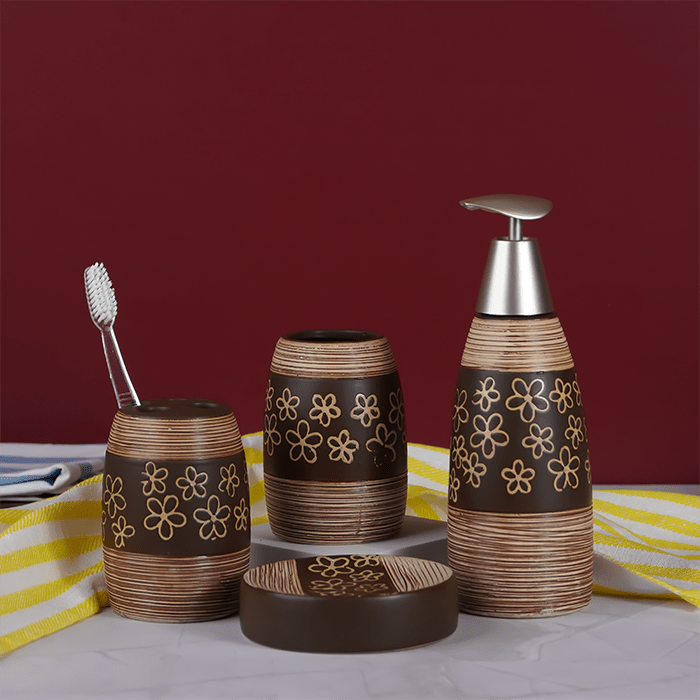Brown Floral Hand painted Bathroom Accessory Set - The Golden Theory Main image