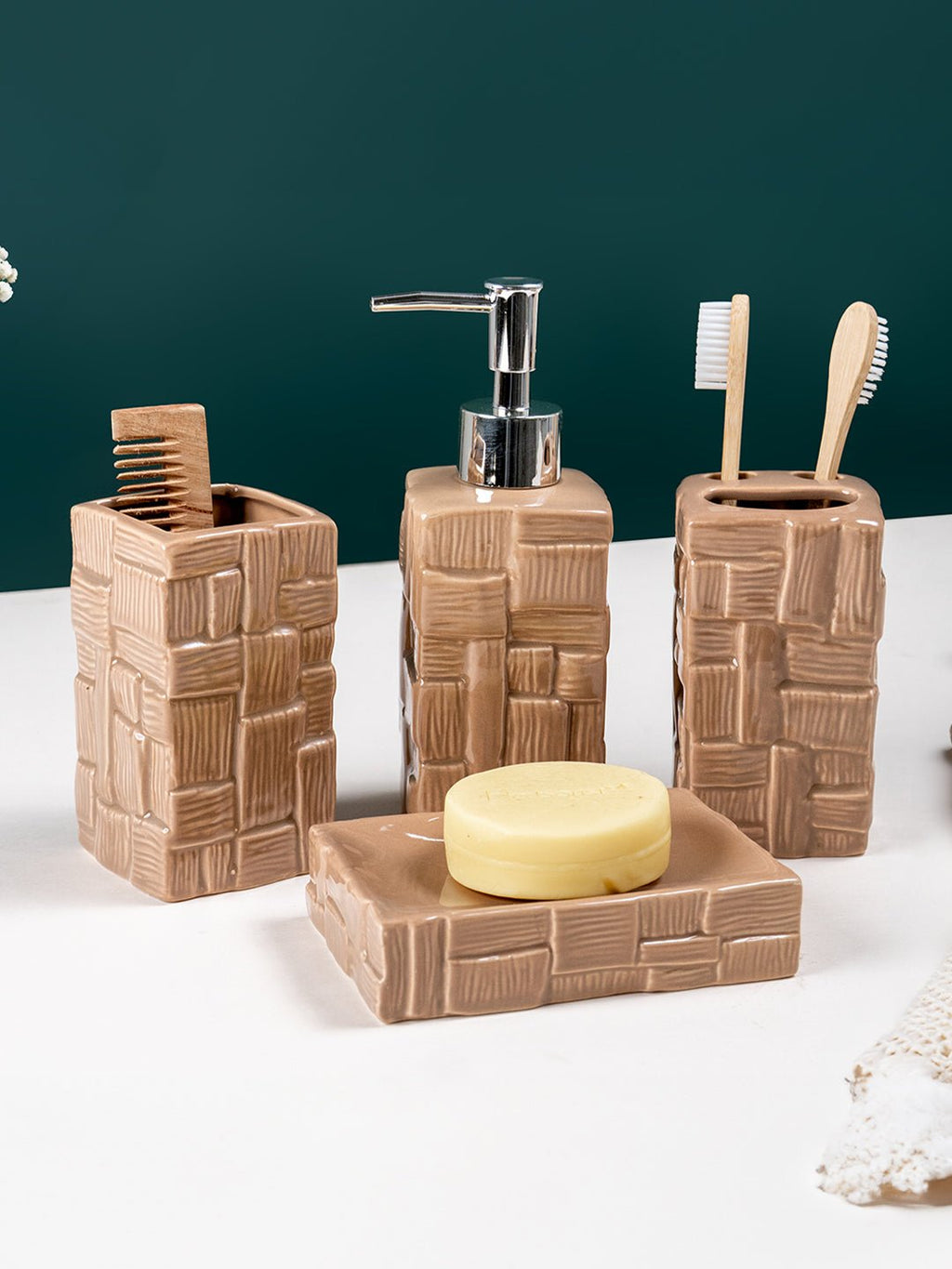 Brown Textured Ceramic Bathroom Set of 4 - The Golden Theory