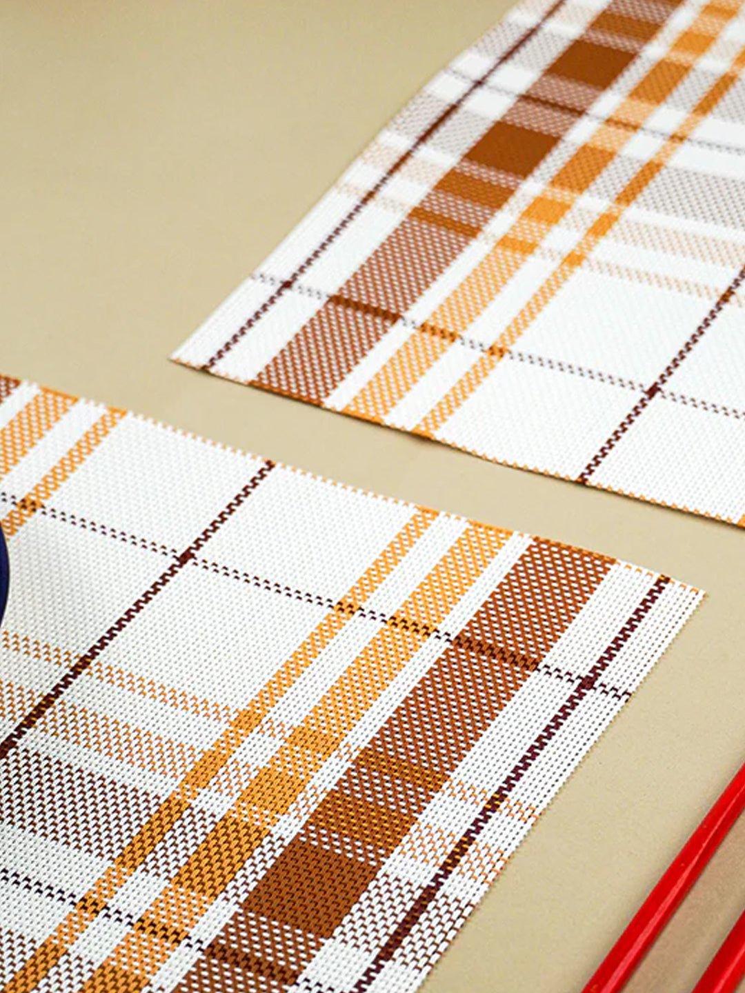 Brown & White Plaid Table Mat with Textured Weave Secondary image