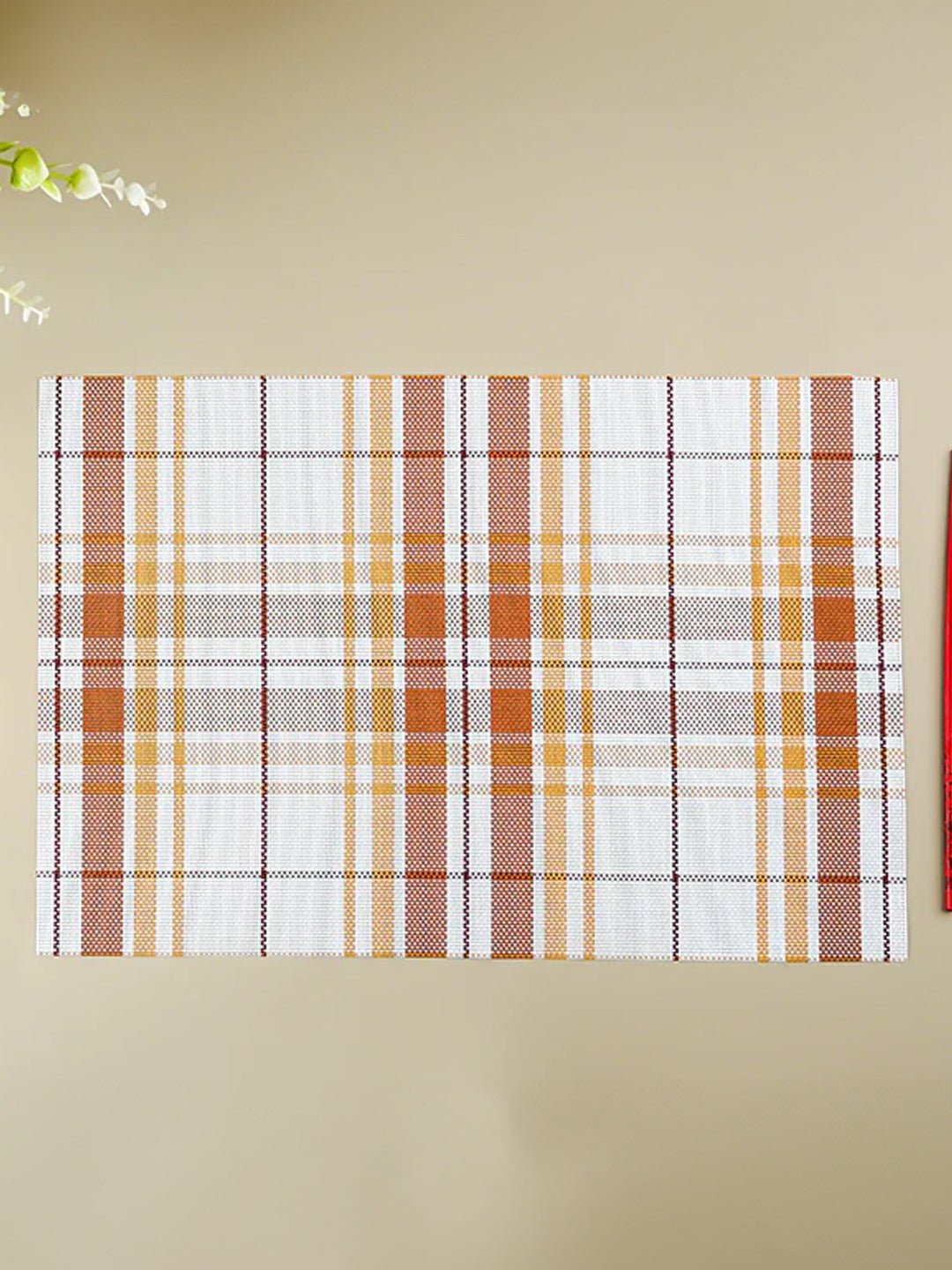 Brown & White Plaid Table Mat with Textured Weave - The Golden Theory Main image