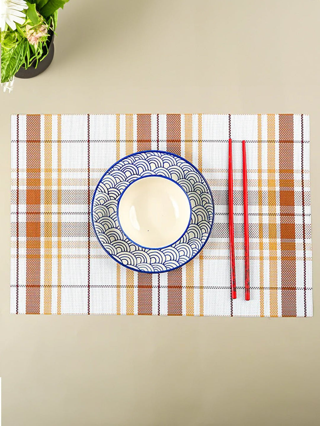 Brown & White Plaid Table Mat with Textured Weave - The Golden Theory