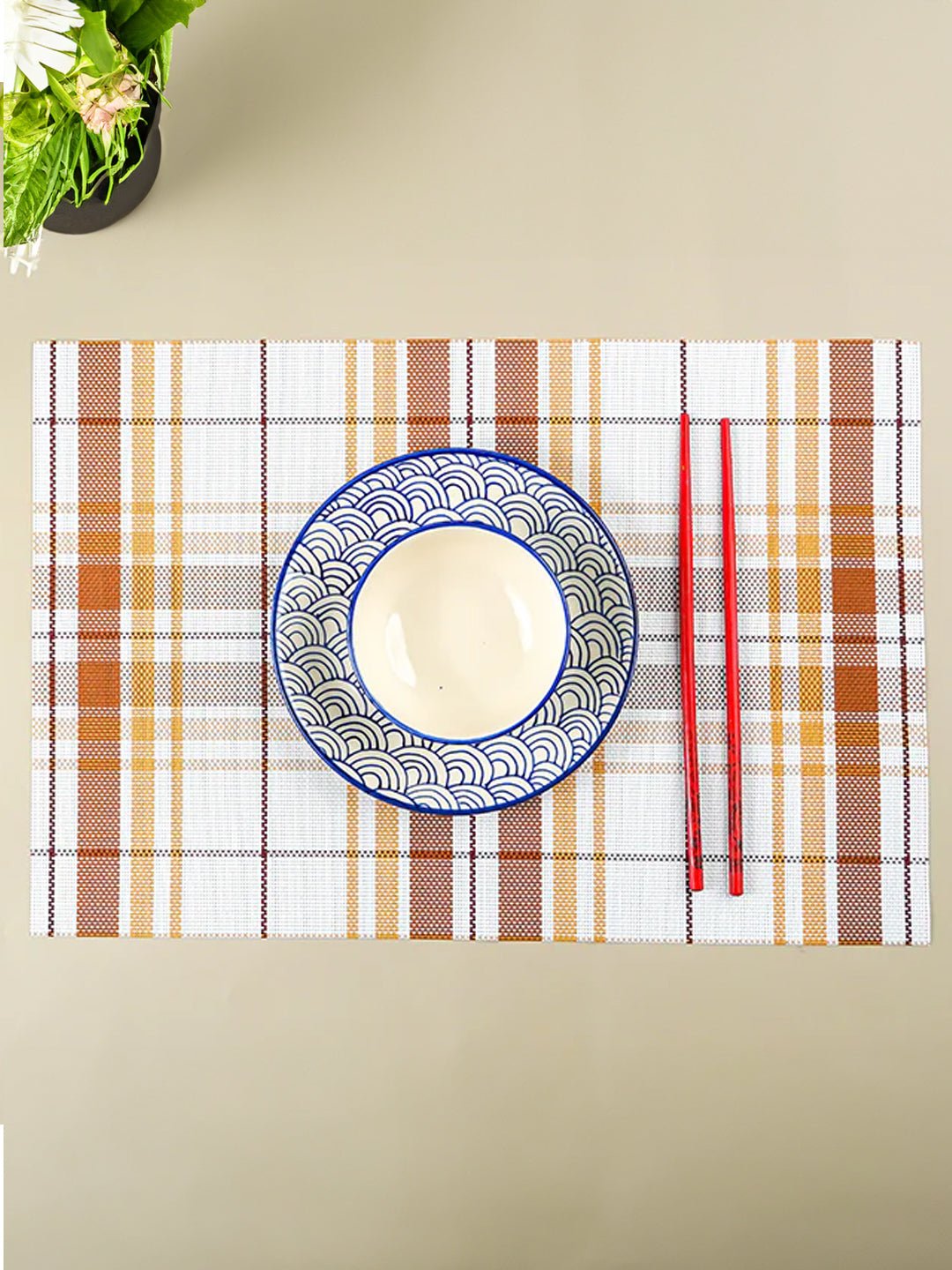 Brown & White Plaid Table Mat with Textured Weave - The Golden Theory