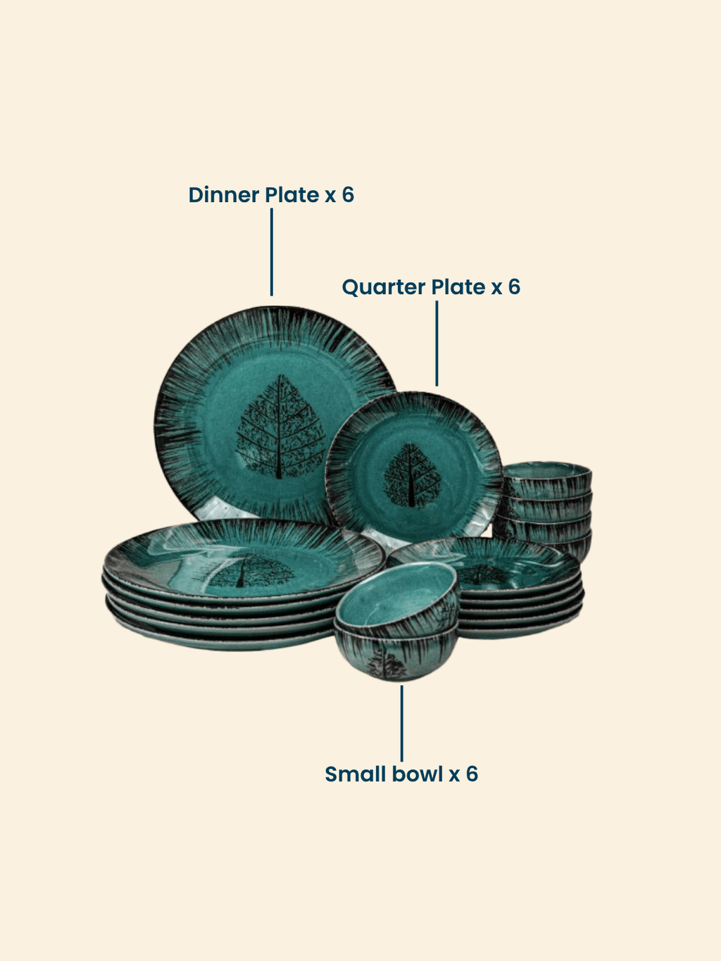 Ceramic Dinner Set with Black Tree Motif - Set of 18 - The Golden Theory