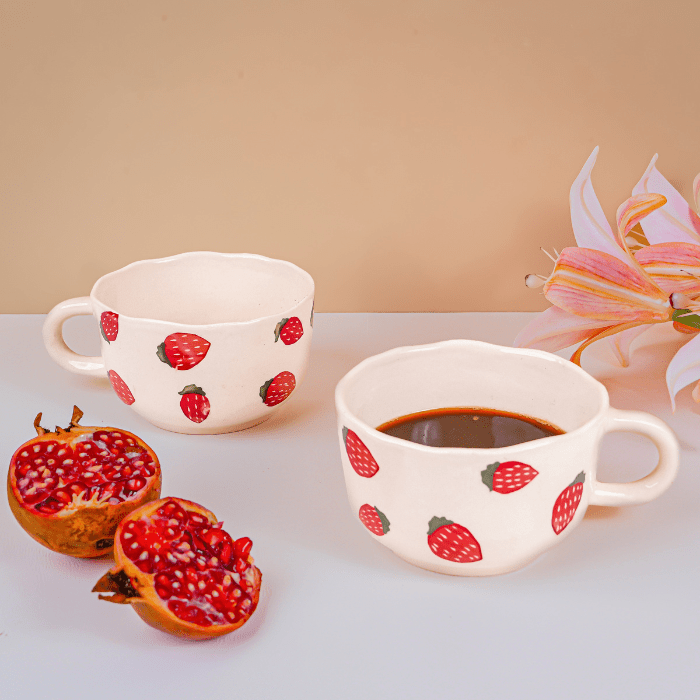 Ceramic Mugs with Hand-Painted Strawberry Design - The Golden Theory