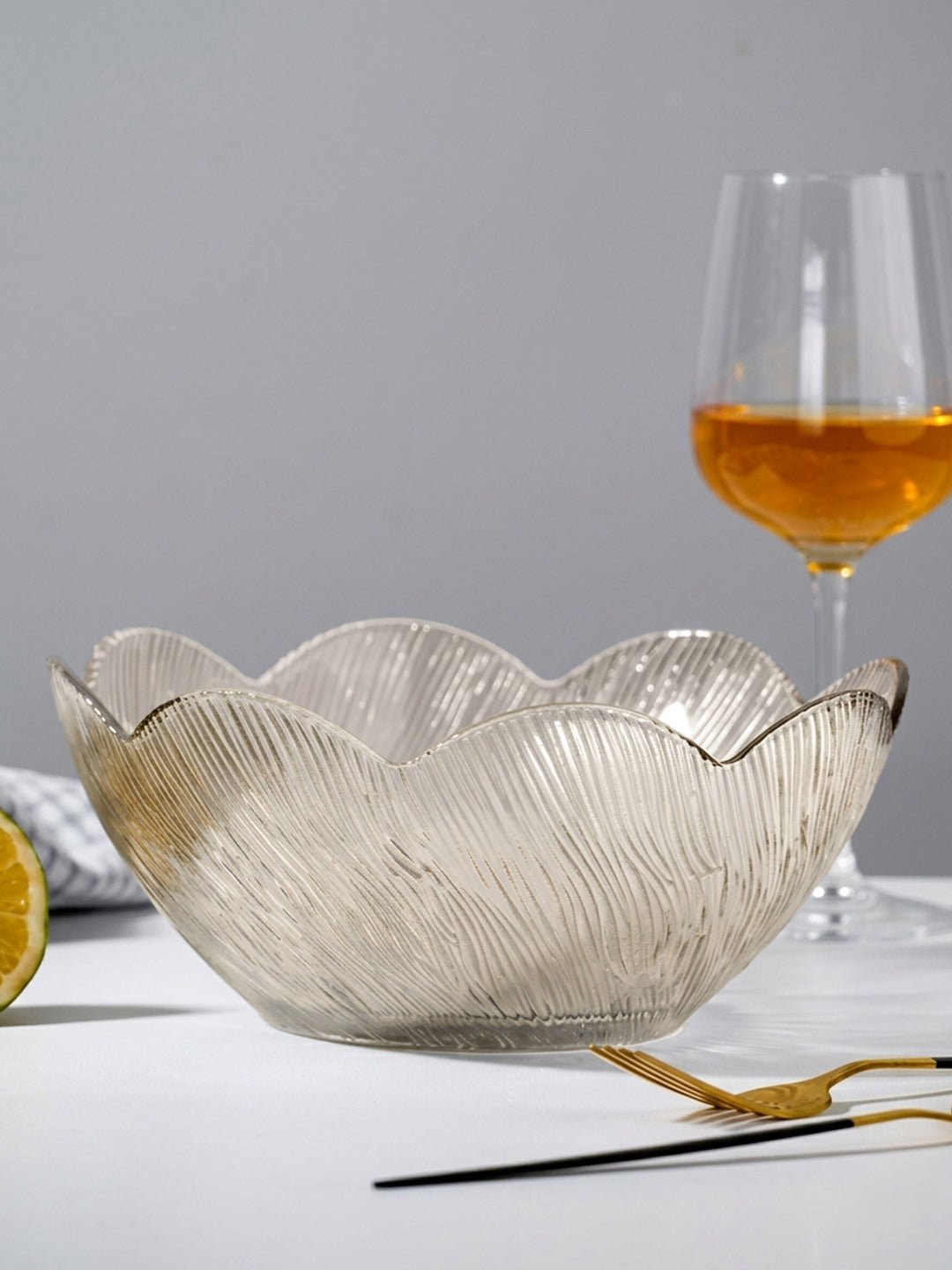 Champagne Gold Scalloped Glass Bowl - Ribbed Leaf Pattern Design - The Golden Theory