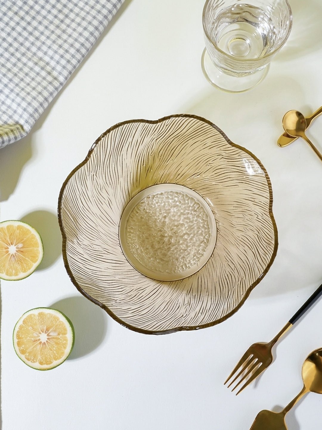 Champagne Gold Scalloped Glass Bowl - Ribbed Leaf Pattern Design Secondary image