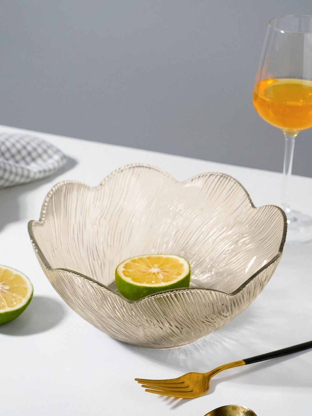 Champagne Gold Scalloped Glass Bowl - Ribbed Leaf Pattern Design - The Golden Theory