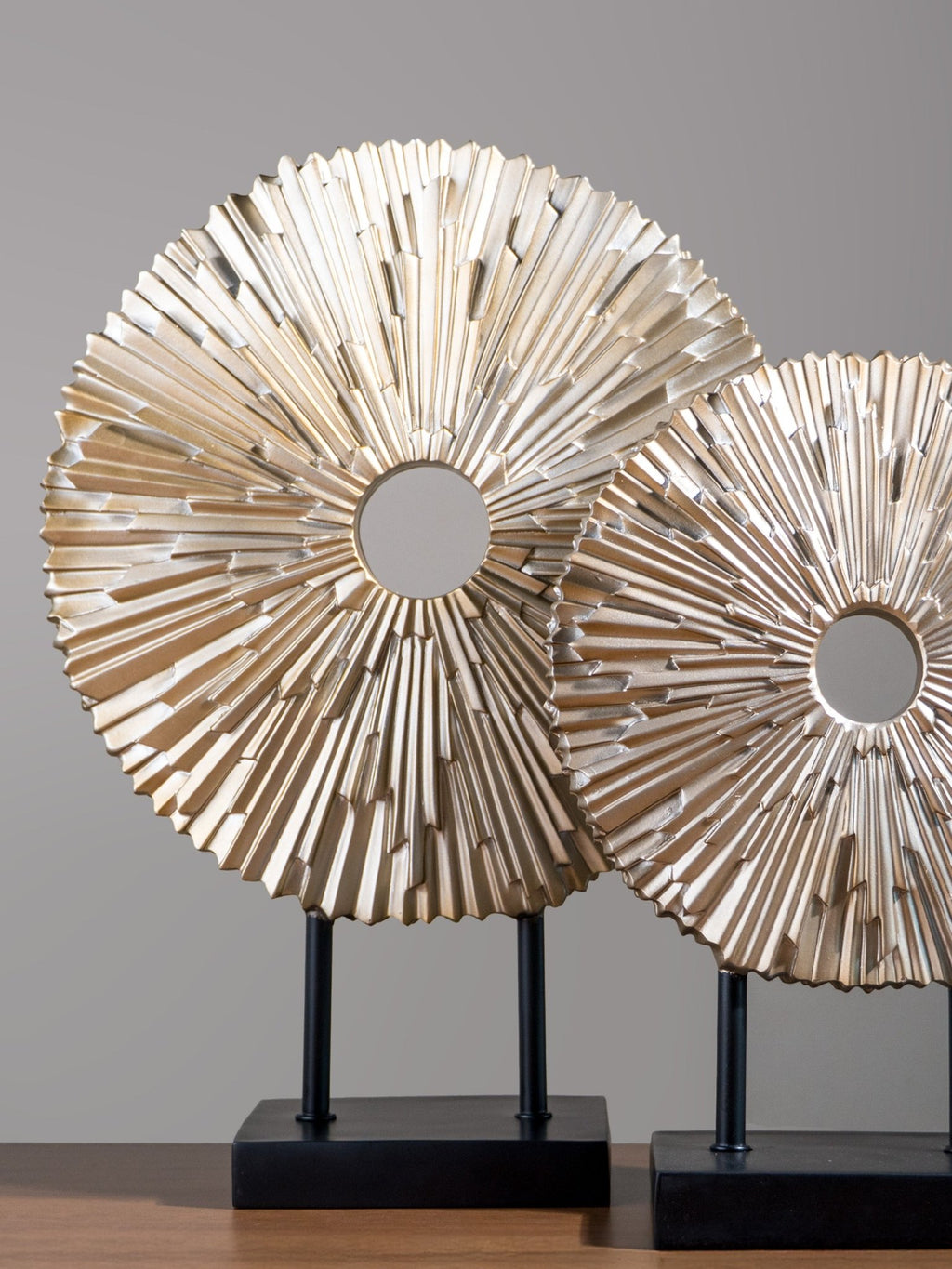 Champagne Gold Sunburst Disc Sculpture Set on Stand - The Golden Theory