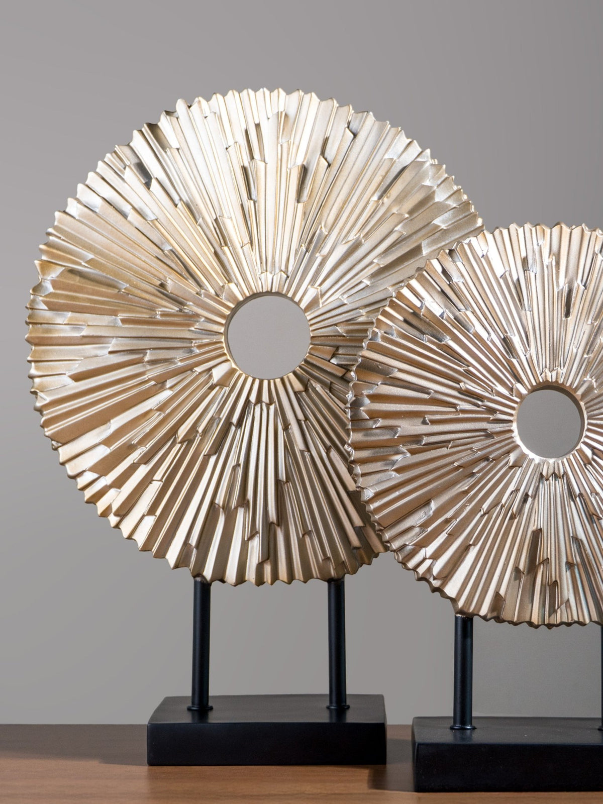 Champagne Gold Sunburst Disc Sculpture Set on Stand - The Golden Theory